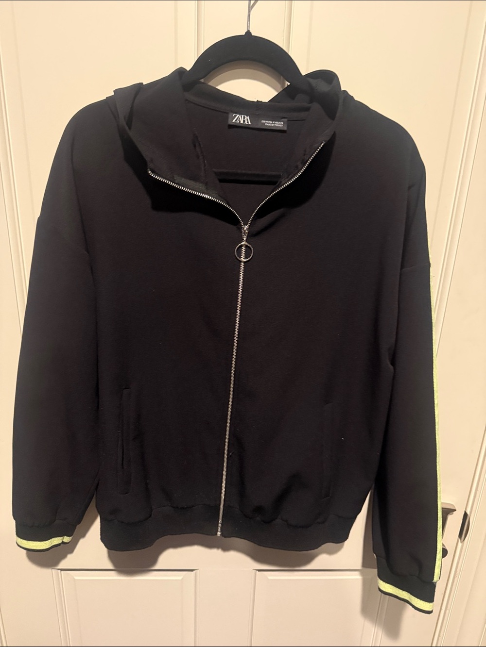 ZARA Black Hooded Zip Jacket with Neon Yellow Side Stripe